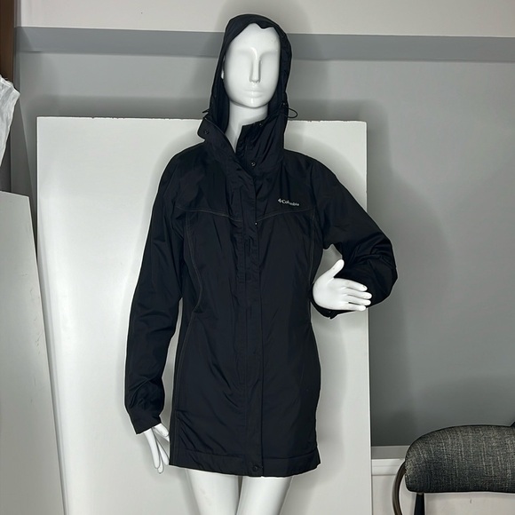Columbia Sz Large Omni Tech Black 3/4 Rain Hood Zip Snap Jacket - Picture 1 of 14